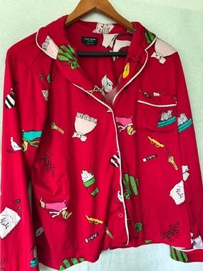 Kate Spade Pajamas Holiday Christmas Shirt Top Sz Button Up Large  Women Red